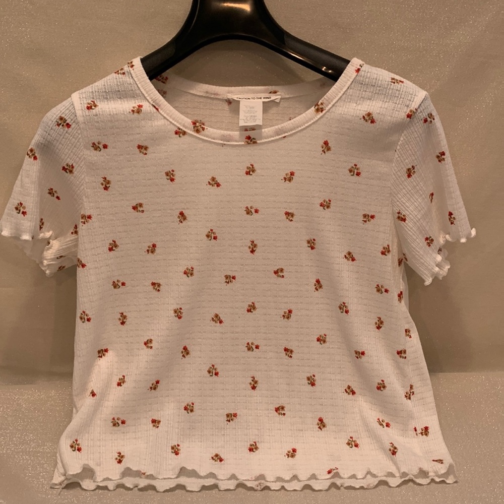 Caution to the wind. White with red and gold flowers 💐 crop top. Size M